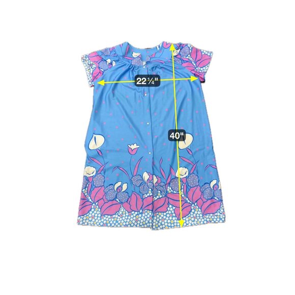 Vintage Granada Blue Floral House Dress Medium Short Sleeve Snap Front - Picture 10 of 11